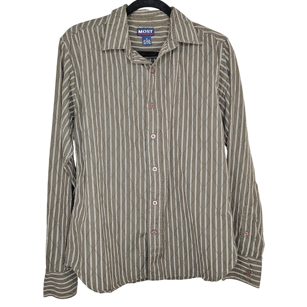 Most Button Down Shirt Mens Medium Olive Green Striped Dobby Long Sleeve Western